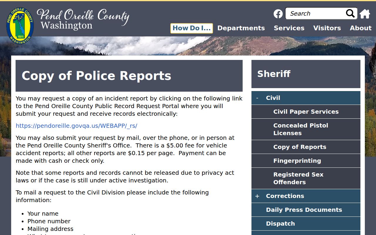 Pend Oreille County criminal report request fees