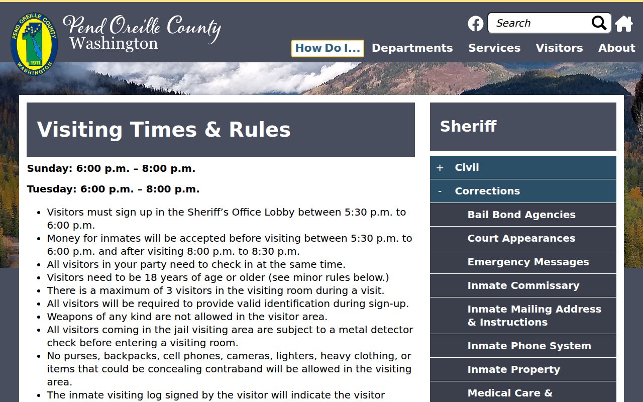 Pend Oreille Corrections visiting times and security rules