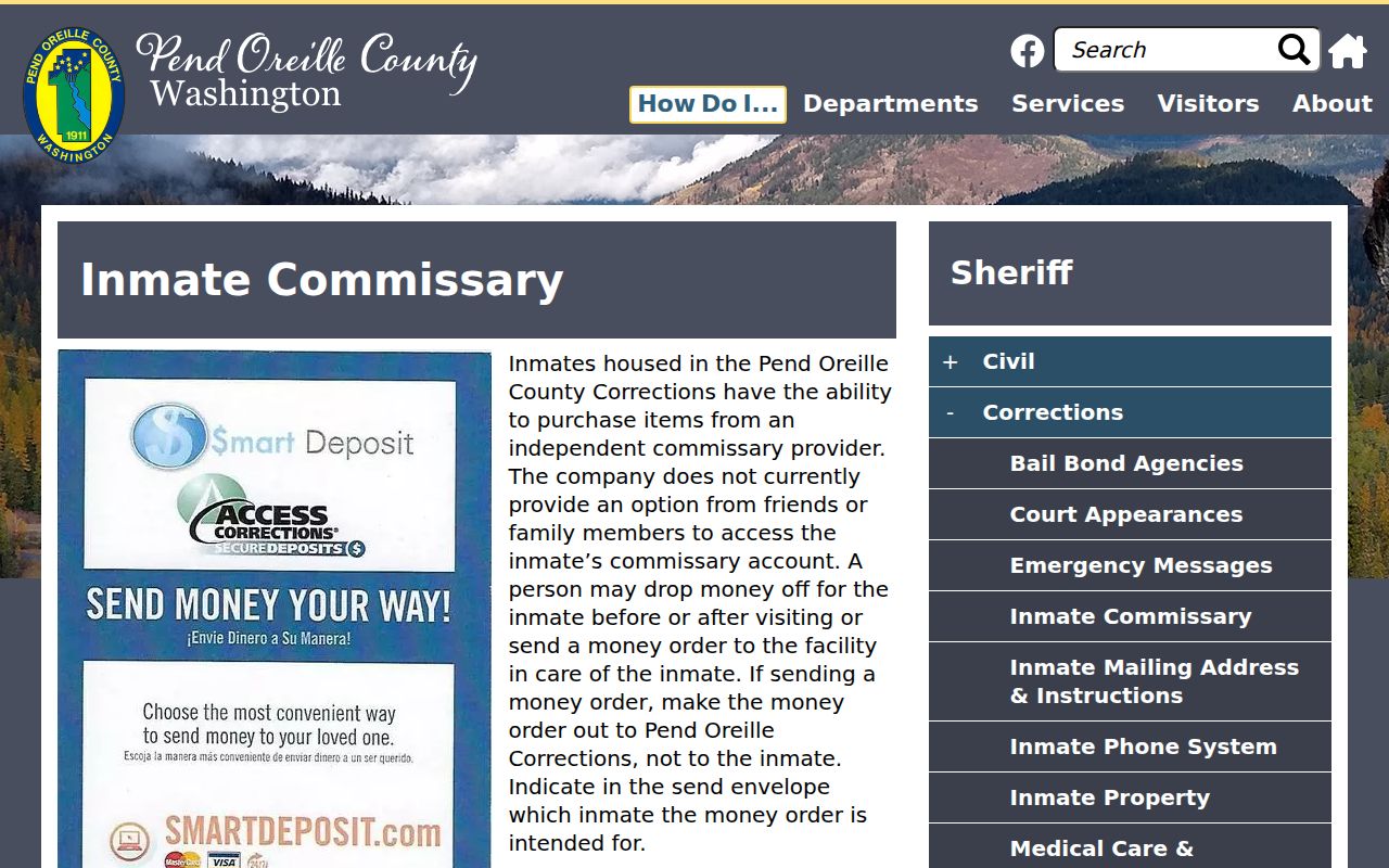 Pend Oreille Corrections inmate commissary and money instructions