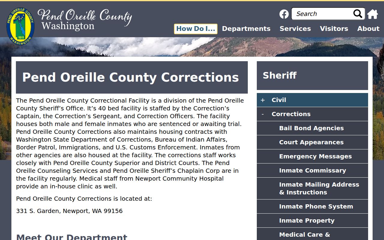 Pend Oreille County Corrections page and inmate search entry