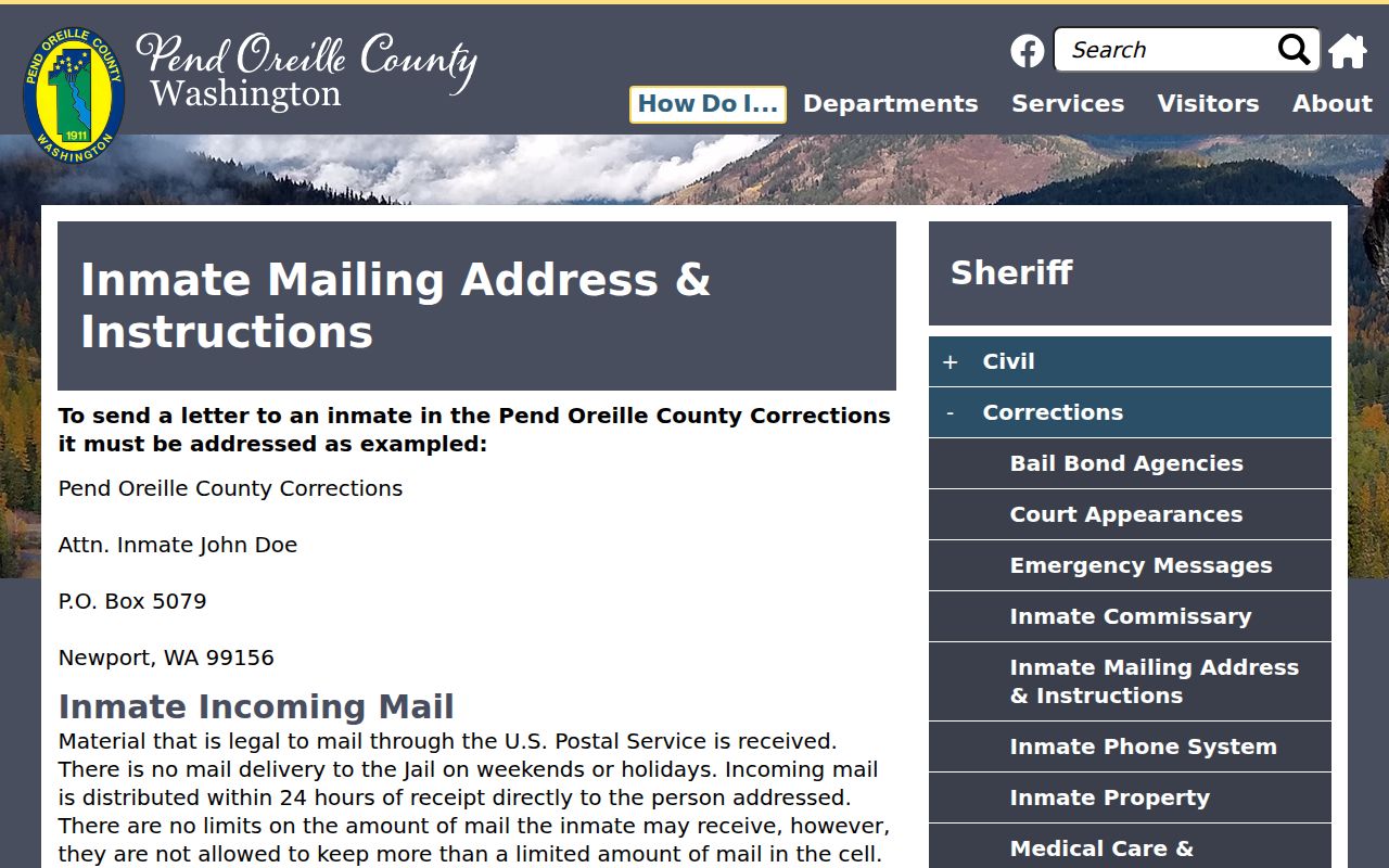 Pend Oreille Corrections inmate mailing address and handling instructions