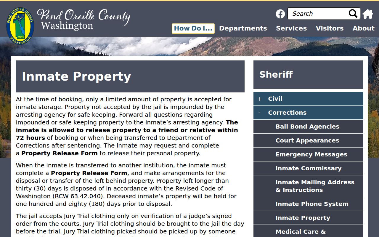 Pend Oreille Corrections inmate property retention and release rules