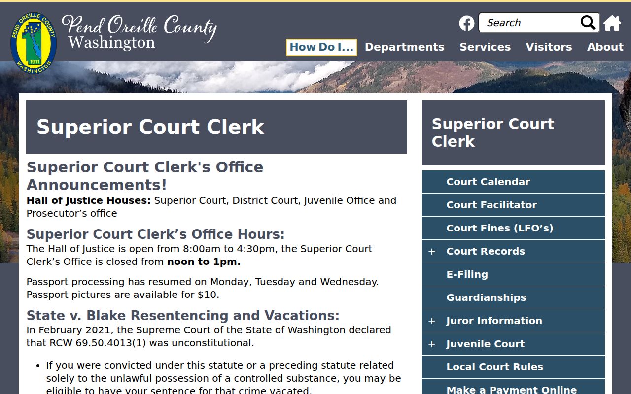 Pend Oreille County Superior Court Clerk contact page