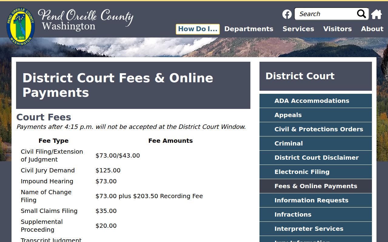 Pend Oreille District Court fees and online payment information